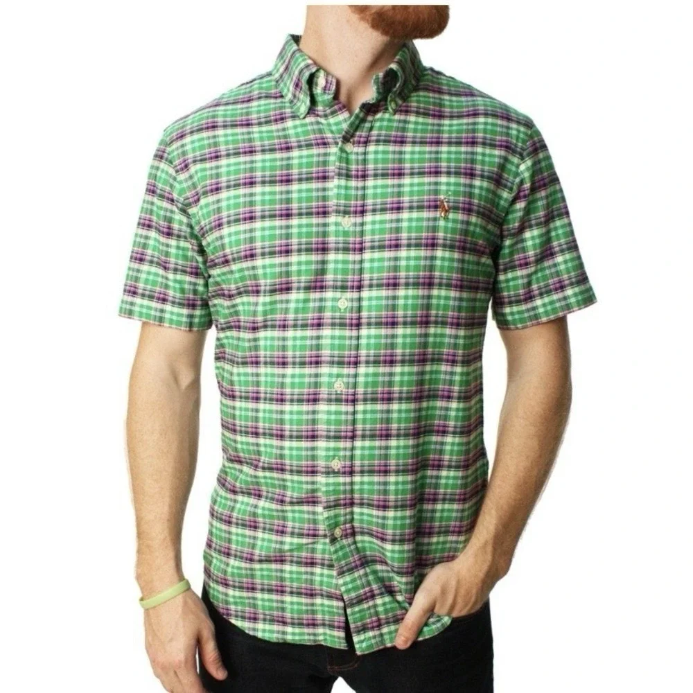 Polo Ralph Lauren Green‎ Purple Plaid Cotton Oxford Button Down S/S Shirt XXL